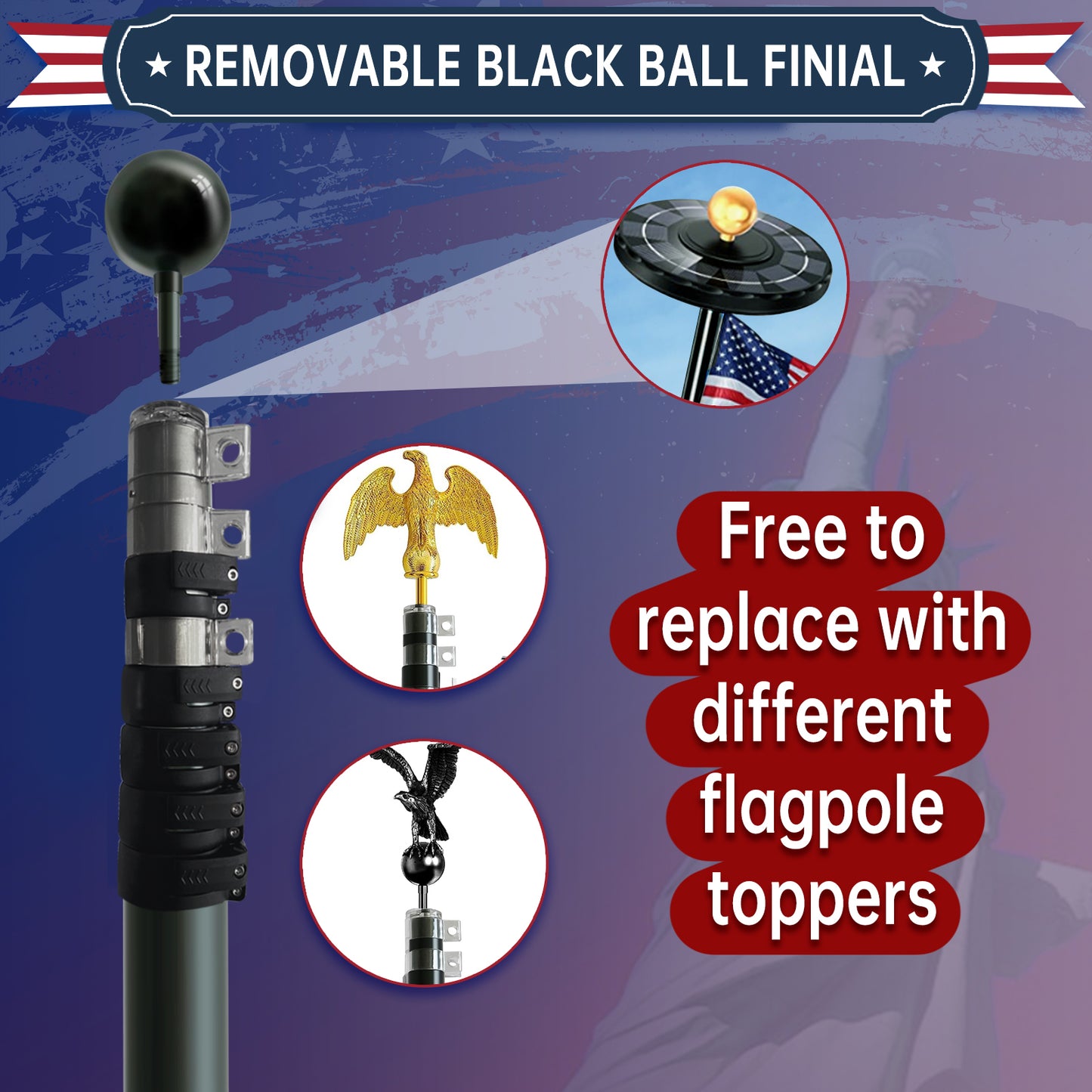 25FT Telescopic Black Flag Pole Kit – Heavy Duty Aluminum In-Ground Flagpole with Twist Lock, 3x5 USA Flag & Ball Top