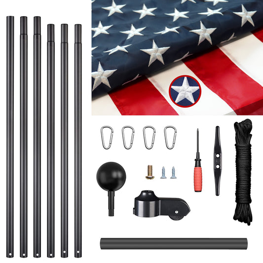 25FT Heavy-Duty Black Aluminum Flag Pole Kit with Embroidered 3×5' American Flag Premium Thick Aluminum Construction
