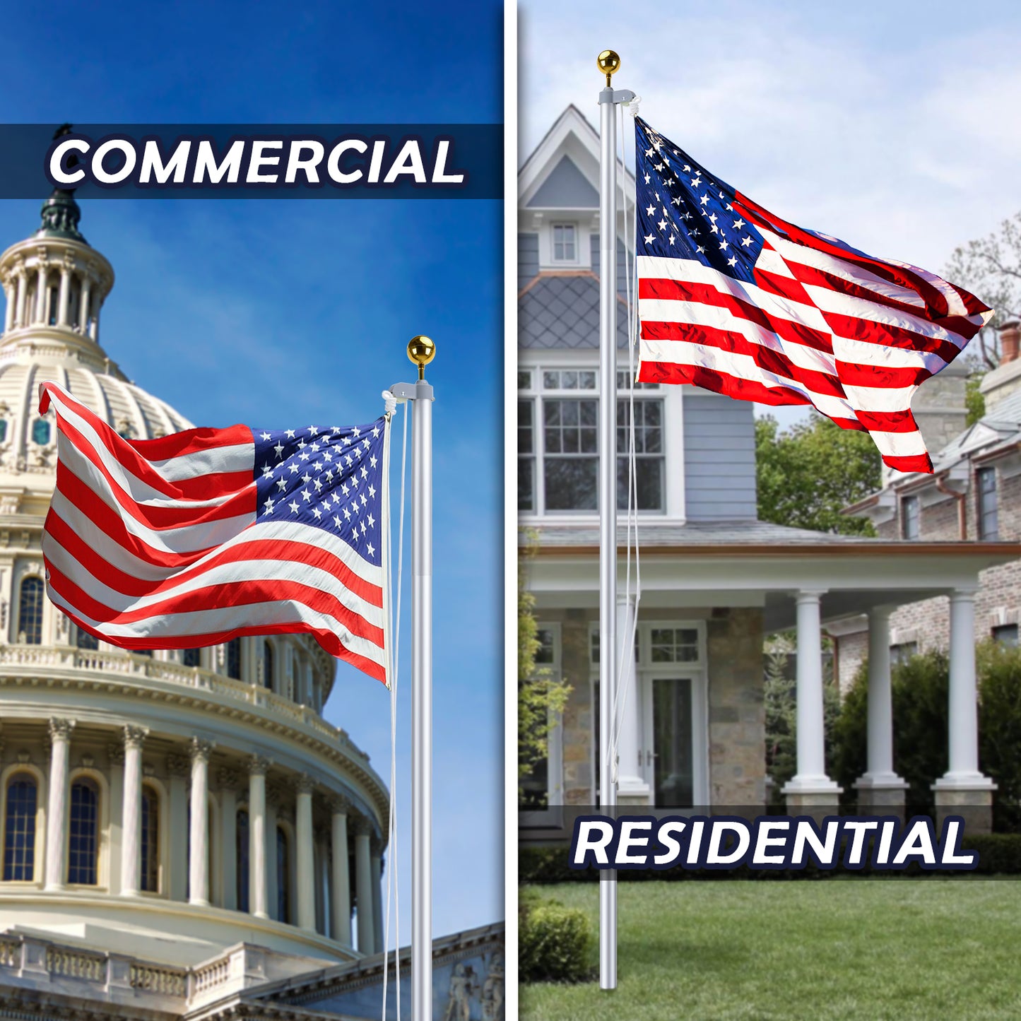 20FT Sectional Silver Flag Pole Kit – Heavy Duty Aluminum In-Ground Flagpole with Golden Ball Topper & Free American Flag