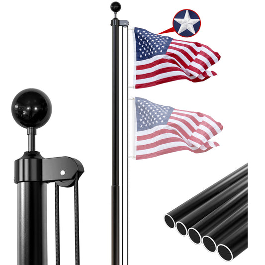 25FT Heavy-Duty Black Aluminum Flag Pole Kit with Embroidered 3×5' American Flag Premium Thick Aluminum Construction
