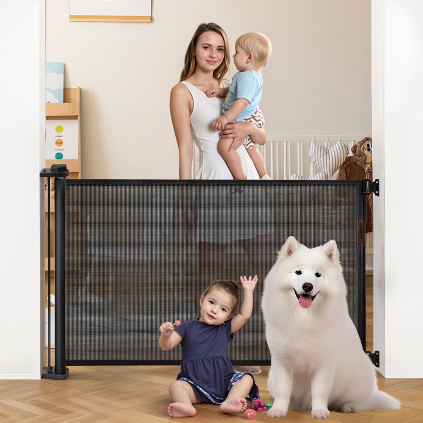 Extra-Wide Retractable Baby & Pet Gate – 34" Tall, Extends to 60" Wide, One-Hand Operation, Safe for Kids & Pets, Indoor & Outdoor, Black