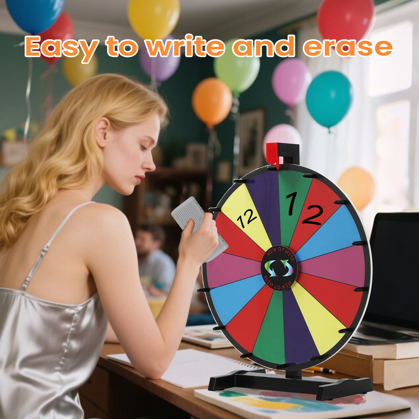 18" Tabletop Prize Wheel – 14 Slots, Durable Base, Dry Erase Spinner for Parties, Carnivals & Trade Shows