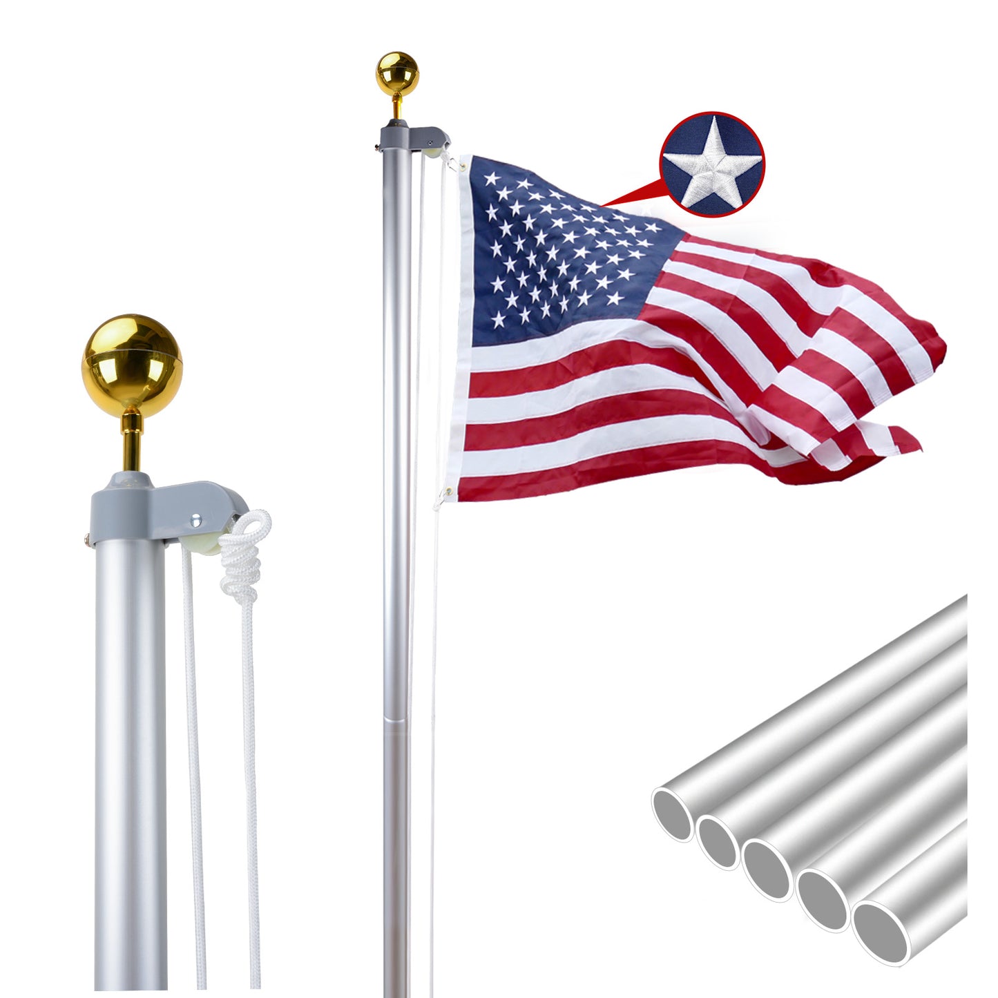 20FT 12-Gauge Heavy-Duty Aluminum Flag Pole Kit with 3×5' American Flag