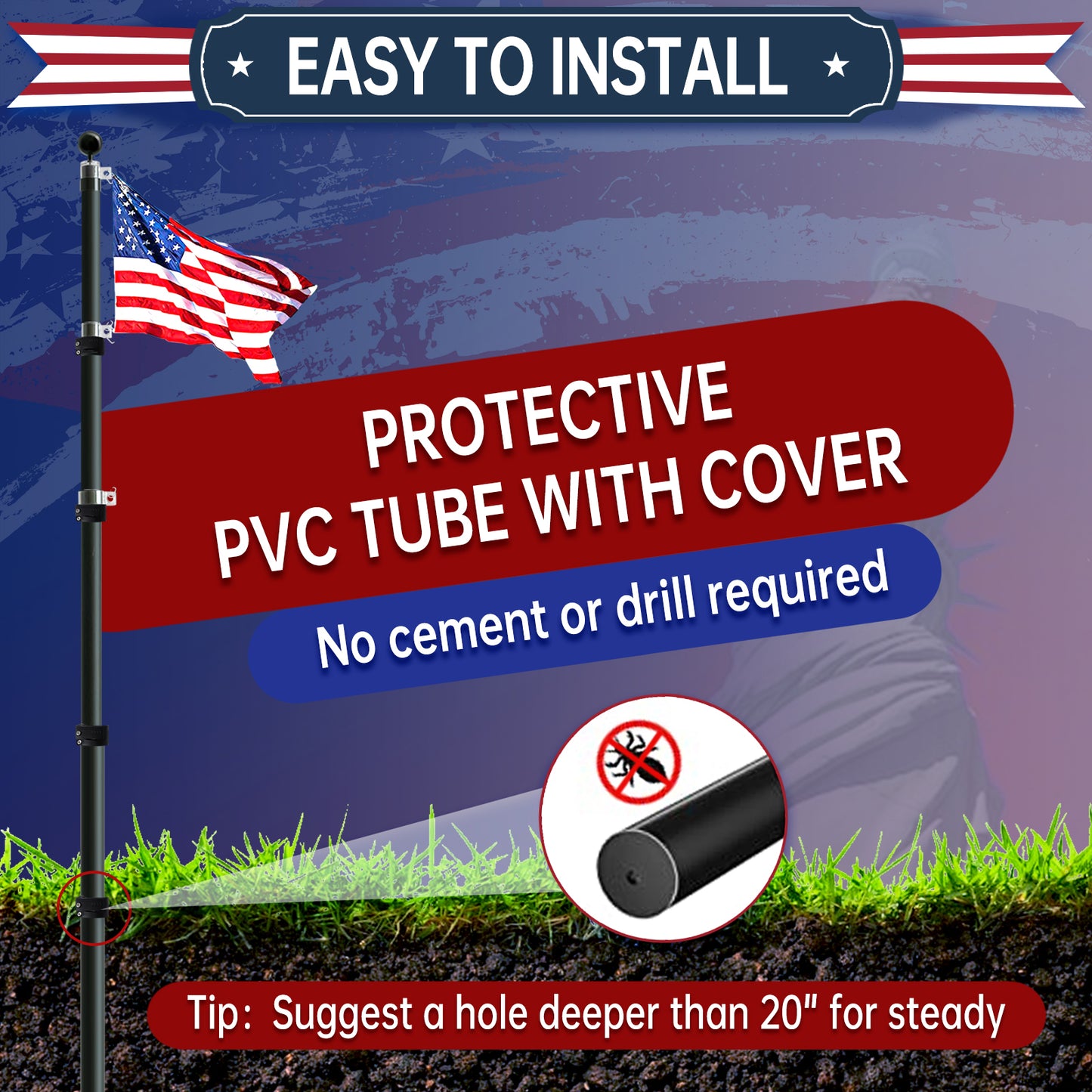 20FT Telescopic Black Flag Pole Kit – Heavy Duty Aluminum Extendable Flagpole with Twist Lock, Black Ball Top & 3x5 USA Flag