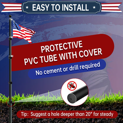 20FT Telescopic Black Flag Pole Kit – Heavy Duty Aluminum Extendable Flagpole with Twist Lock, Black Ball Top & 3x5 USA Flag