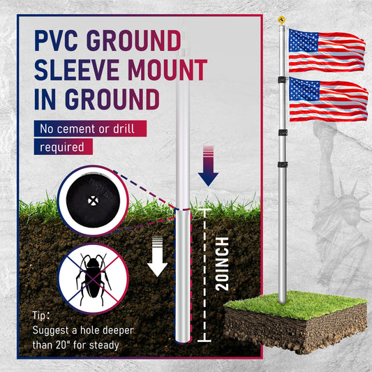 20FT Telescopic Silver Flag Pole Kit – Heavy Duty Aluminum In-Ground Flagpole with Gold Ball Top & USA Flags