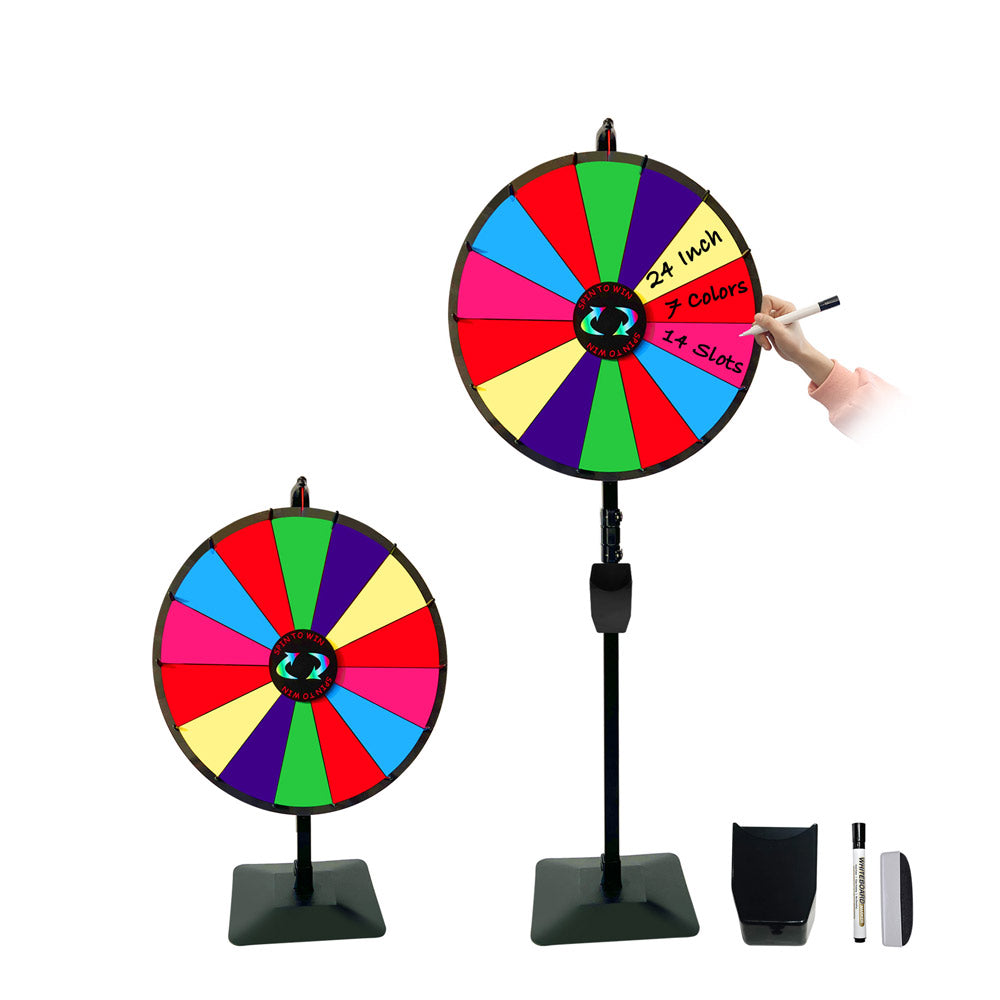 24 Inch Prize Wheel Dual Use Tabletop or Height Adjustable Floor Stand Heavy Duty Spinner 14 Slots with Dry Erase & Marker Pen for Trade Show Fortune Spinning Game