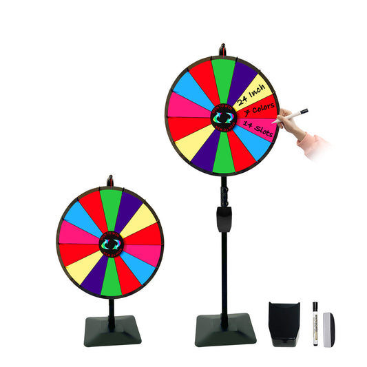 24 Inch Prize Wheel Dual Use Tabletop or Height Adjustable Floor Stand Heavy Duty Spinner 14 Slots with Dry Erase & Marker Pen for Trade Show Fortune Spinning Game