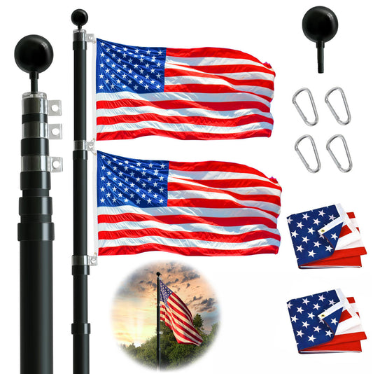 20FT Telescopic Flag Pole Kit, Heavy Duty Aluminum Telescoping Flagpole Kit Fly 2 Flags, Outdoor In Ground Extendable Flagpole with 3x5 USA Flag & Black Ball Top for Outside House, Black