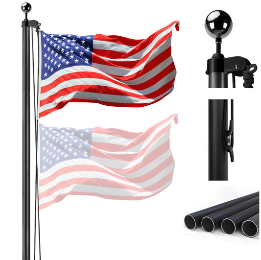 20FT Sectional Black Flag Pole Kit, Heavy Duty Upgraded Aluminum Flag Poles for Outside House with Finial Ball Topper and Free American Flag for Residential or Commercial