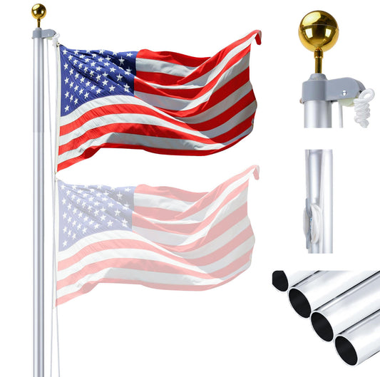 20FT Sectional Flag Pole Kit, Heavy Duty Aluminum Flagpole for Outside House In Ground with Golden Ball Topper and Free American Flag for Yard Residential or Commercial, Silver