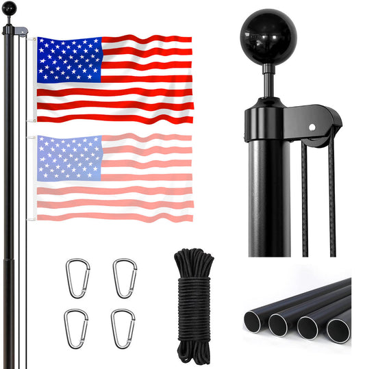 20FT Sectional Black Flag Pole Kit, Heavy Duty Upgraded Aluminum Flag Poles for Outside House with Finial Ball Topper and Free American Flag for Residential or Commercial