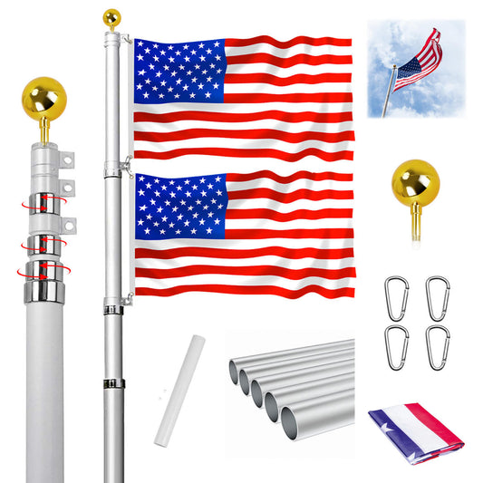25FT Telescopic Flag Pole Kit, Thumb Buckle Lock Design Heavy Duty Aluminum Telescoping Flagpole Kit Fly 2 Flags, Outdoor In Ground Flagpole with 2 USA Flag & Gold Ball Top for Residential
